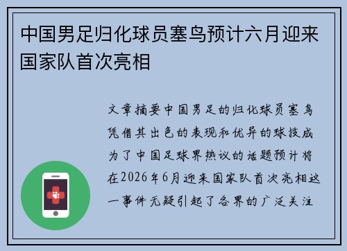 中国男足归化球员塞鸟预计六月迎来国家队首次亮相