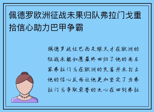 佩德罗欧洲征战未果归队弗拉门戈重拾信心助力巴甲争霸