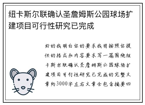 纽卡斯尔联确认圣詹姆斯公园球场扩建项目可行性研究已完成